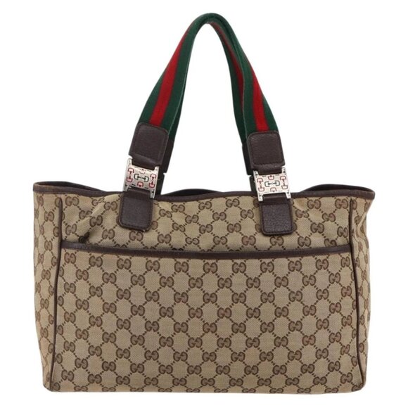 GUCCI GG Canvas Web Sherry Line Tote Bag Beige Gold - Picture 1 of 16